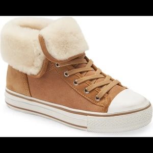 ASH Vim Lace-Up High Top Sneaker with Genuine Shearling Trim Camel Suede 36/6 US